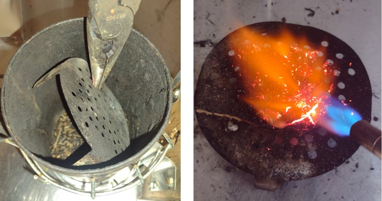 A smoker grate bring removed and torched.